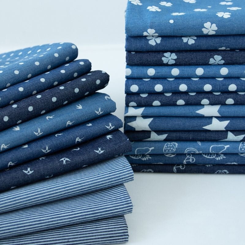 Denim fabric, thin washed printed fabric for summer clothes, pants, dresses, DIY clothing, shirt material