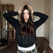 哥特毛领连帽宽松休闲卫衣外套女2025秋冬欧美拉链时尚新款上衣