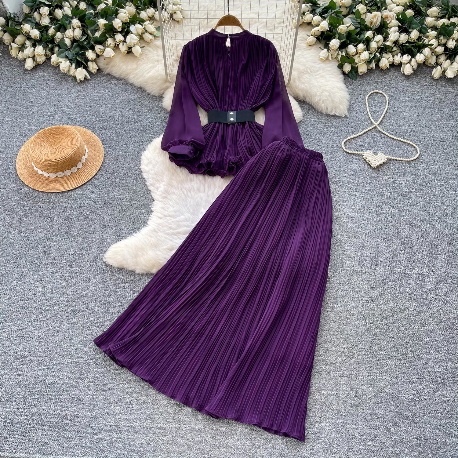 French Office Style Purple Lantern Sleeve Belted Ruffle Midi Dress For Women | Autumn Elegant Two-Piece Set_ecoleips.com