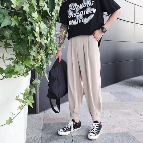 Black Button Lantern Pants for Men, Loose Tuck-in, Thin Fall Version, Wide Leg, Nine-Inch Casual Pants for Men, Cool and Suave