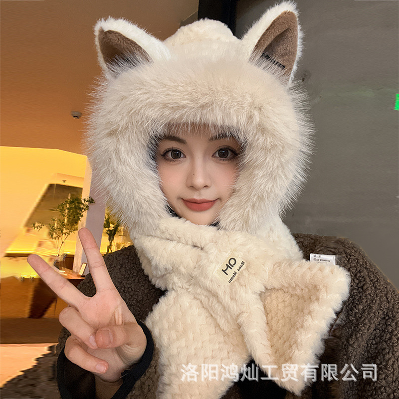 2024新型かわいいベルベット帽女子秋冬マフラー一体保温厚手自転車耳保護防寒毛糸帽|undefined