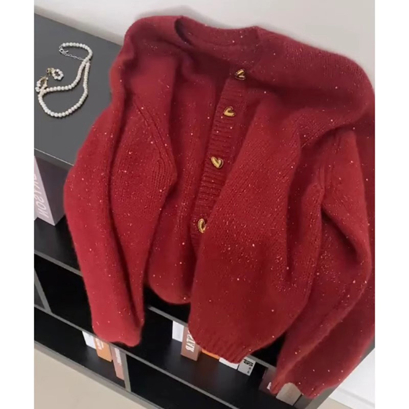 Red New Year Atmosphere Cardigan Sweater Women's Autumn and Winter Loose High-grade Soft Waxy Thickened Sweater Jacket