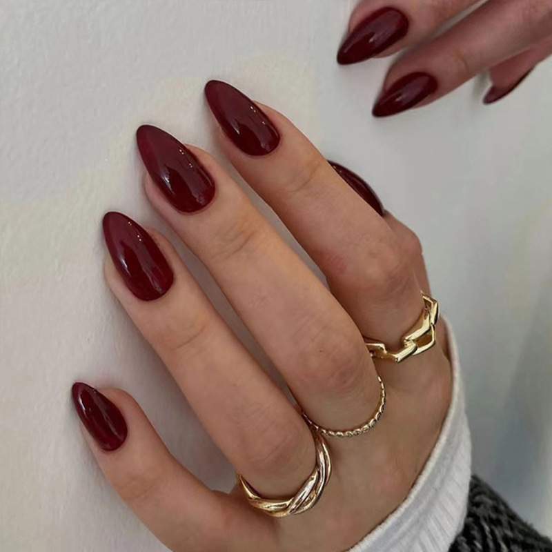 Burgundy Fake Nails Almond Nails Water Drop Nails Pure Color Pointed Nails Manicure Patches Nail Patches Export Nails 30 Pieces