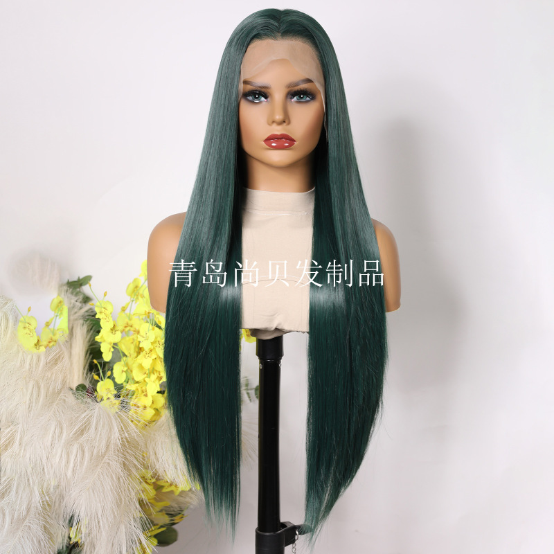 Temu Hot-Selling 13X4 Mixed Color Green and Black High-Temperature Synthetic Fiber Front Lace Wig Long Straight Hair Wholesale