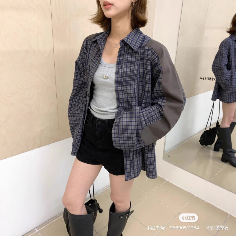 25早秋新款小众设计复古格纹拼接宽松慵懒感衬衫外套女款|undefined