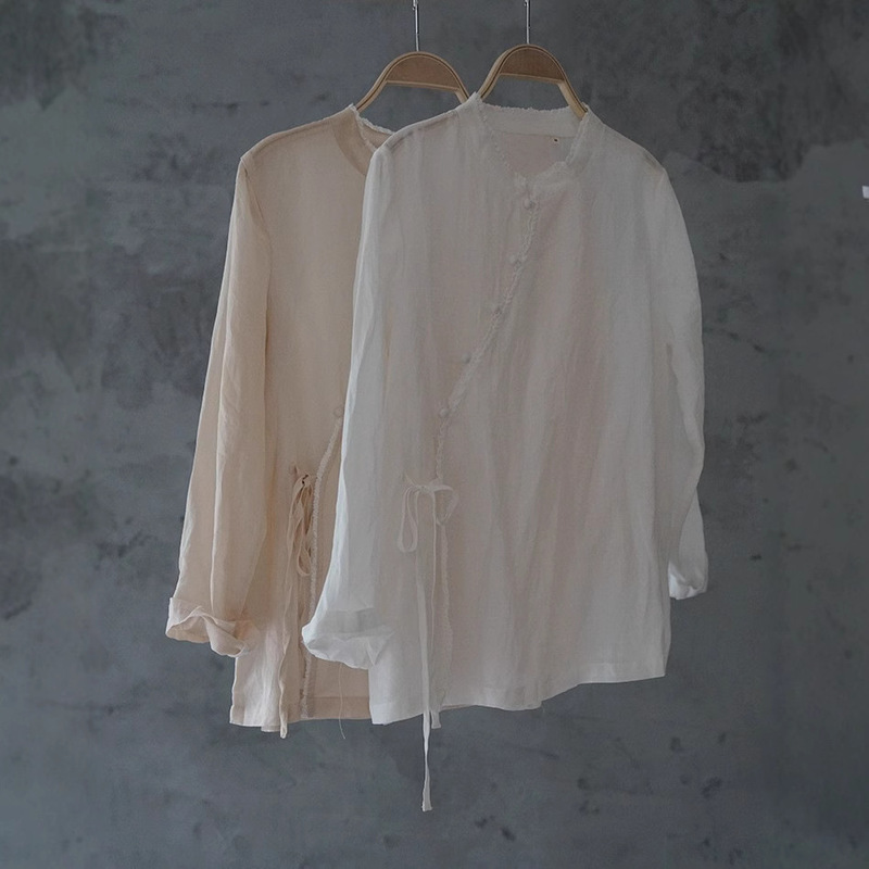Original Artistic Chinese-Style Ramie Lace-Up Shirt with Diagonal Collar, Fresh Chinese Zen-Inspired Top, Tea Wear S2233