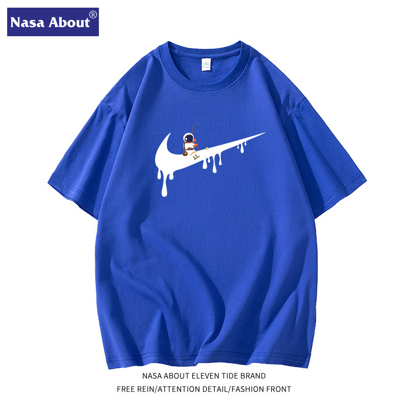 NASA Joint Short Sleeve Men's and Women's Fishing Hook Tide Brand Summer New Tide Brand Pure Cotton Heavy 210g Loose Sports T-Shirt