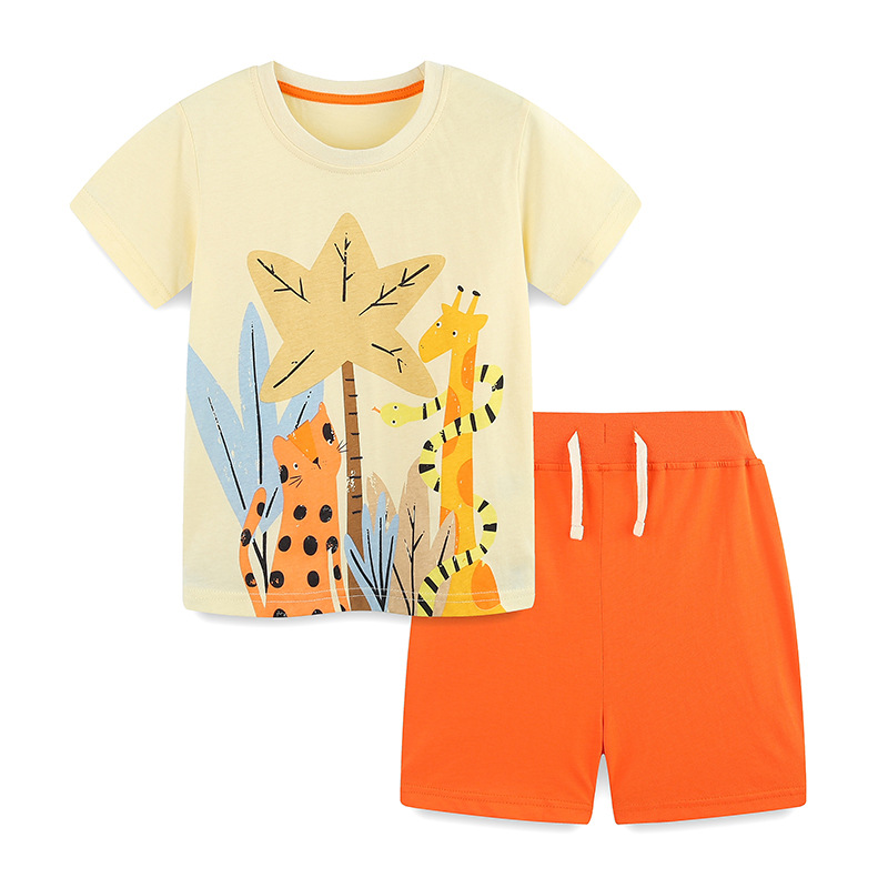 Nuevos productos de verano, trajes para niños, estampados de estilo europeo y americano, trajes de dos piezas de manga corta para niños, dibujos y muestras, procesamiento OEM personalizado