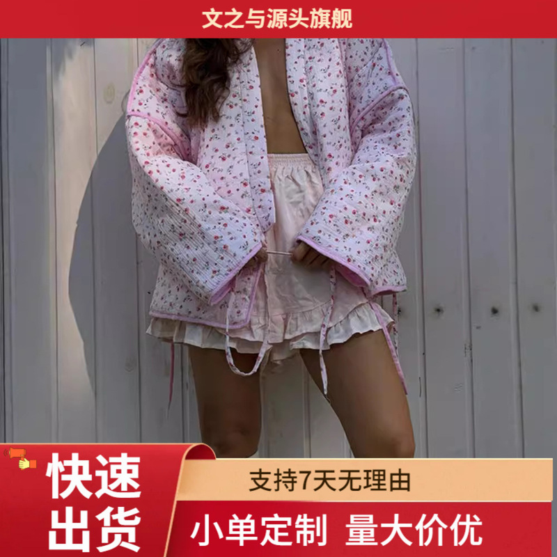 Cross-Border Women's Clothing Korean Style Sweet Floral Quilted Cotton Jacket Loose Lace-Up Lazy Style Gentle Warm Cardigan Cross-Border Women's Clothing Korean Style Sweet Floral Quilted Cotton Jacket Loose Lace-Up Lazy Style Gentle Warm Cardigan