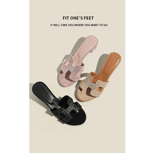 2025年新款欧美满天星水钻闪闪烫钻一字拖女潮流沙色沙滩高跟凉拖