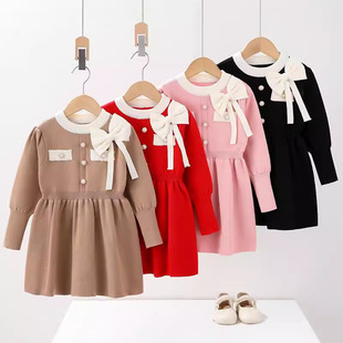 Autumn 2024 New Sweet Girls Knitted dress Western-style Core-spun Yarn Crewneck Fake Pocket Bow Skirt