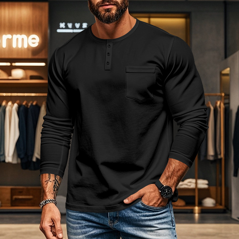 Herr t-shirt slim fit långärmad rund hals för höst och vinter_voghion.com