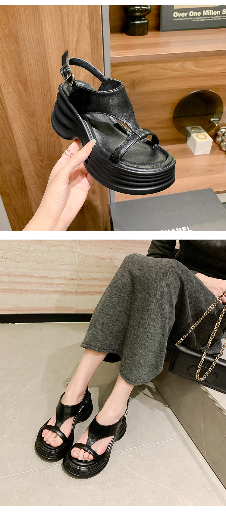 Sandal cao gót nữ hở mũi phong cách biker, đế dày 8cm, kiểu ống bọc La Mã — đen, Màu trắng nhạt chi tiết 17