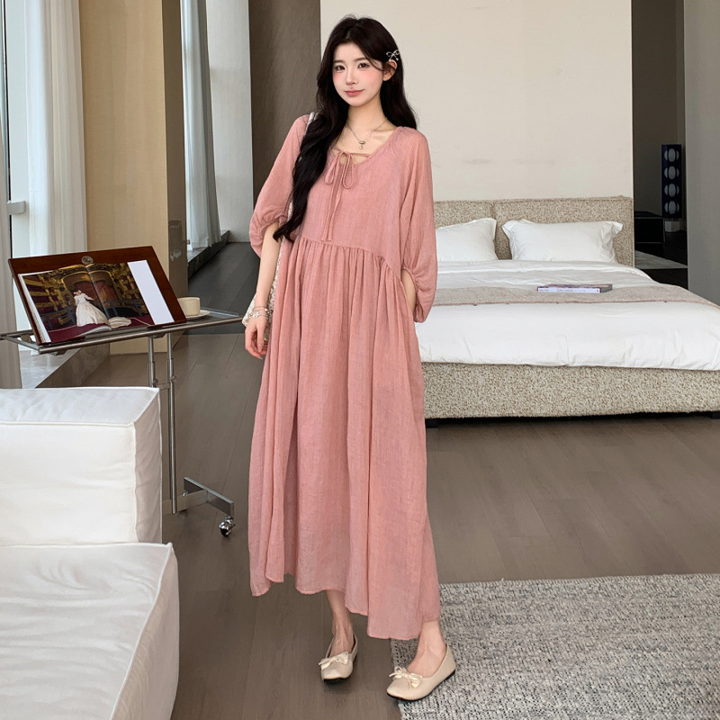 2026 Summer Ramie Dress, Loose and Flowing, Solid Color, Long Skirt with Wide Hem, Thin Sleeves, Maternity Babydoll Dress