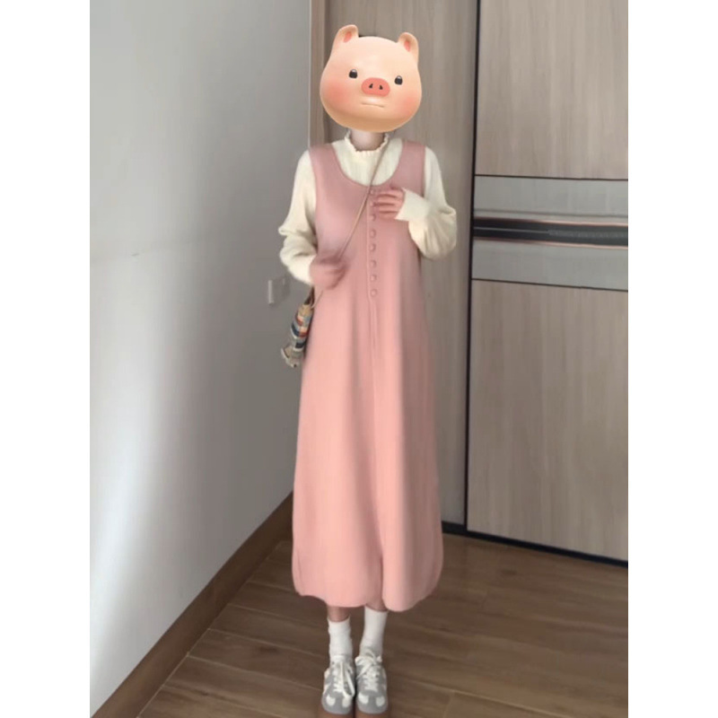 春先の優しいスタイルのルーズロングピンクベストドレス女子学生ニットボトムストップスのセット|undefined