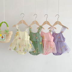 2023 Girls Korean Style Suspender Jumpsuit Infant and Toddler Embroidered Cover Butt Mesh Princess Dress Newborn Hundred Days Dress