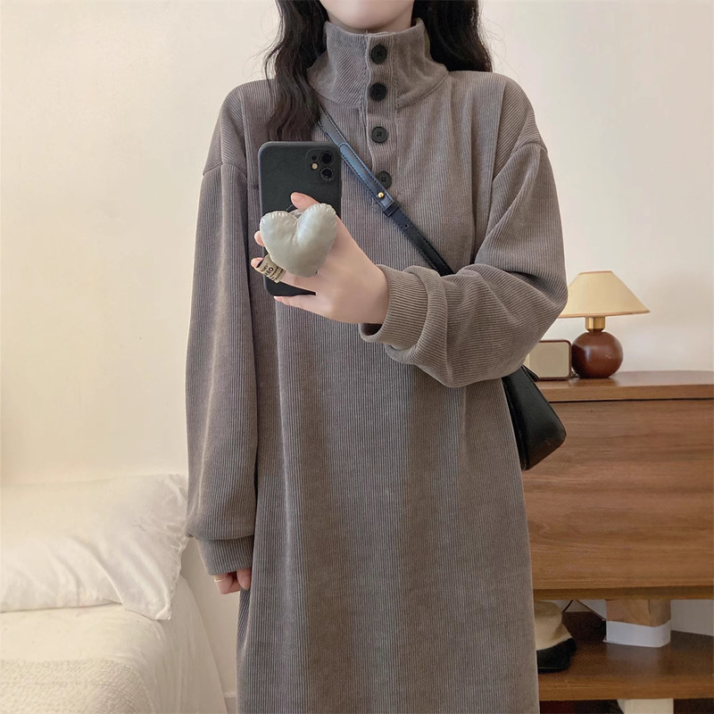 (with Pockets) New High-Neck Button Dress Korean Style Lazy Style Autumn and Winter Fashion Versatile Long-Sleeved Long Skirt for Women (with Pockets) New High-Neck Button Dress Korean Style Lazy Style Autumn and Winter Fashion Versatile Long-Sleeved Long Skirt for Women