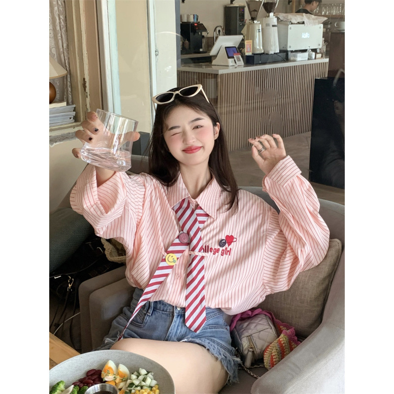 Fan Wenwen American High School Homecoming Pink Striped Shirt Women's Summer American Sweet Retro College Style Shirt Top
