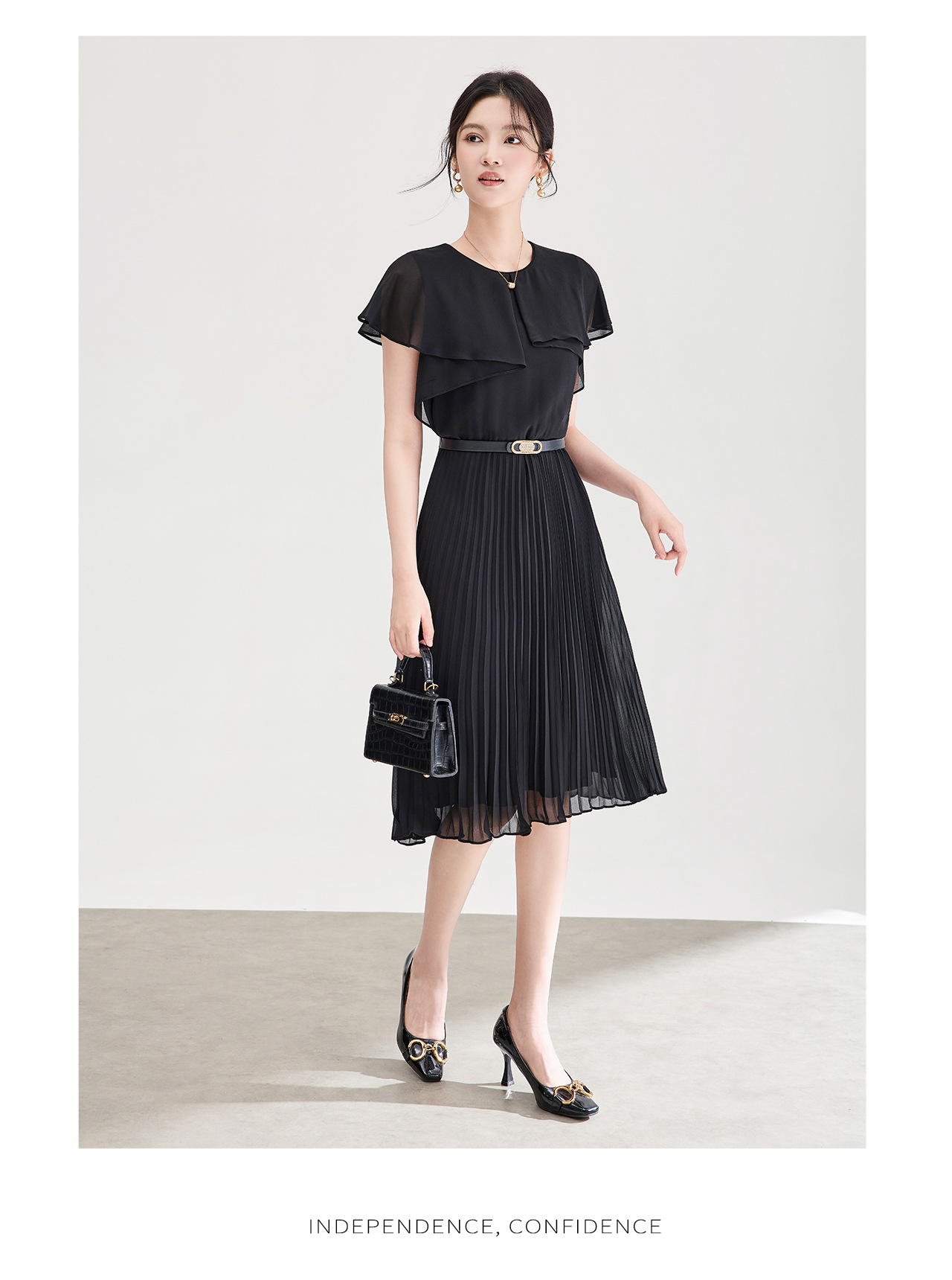 Đầm maxi nữ thắt eo chất liệu chiffon phối lá sen xếp ly — màu đen chi tiết 18