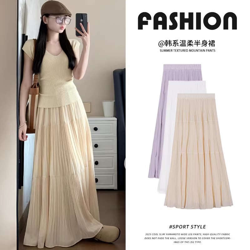 Chiffon Pleated Skirt for Women, Spring, Autumn and Summer, High-Waisted A-Line Drapey Mesh Skirt, Mid-Length Gentle Cake Skirt Chiffon Pleated Skirt for Women, Spring, Autumn and Summer, High-Waisted A-Line Drapey Mesh Skirt, Mid-Length Gentle Cake Skirt