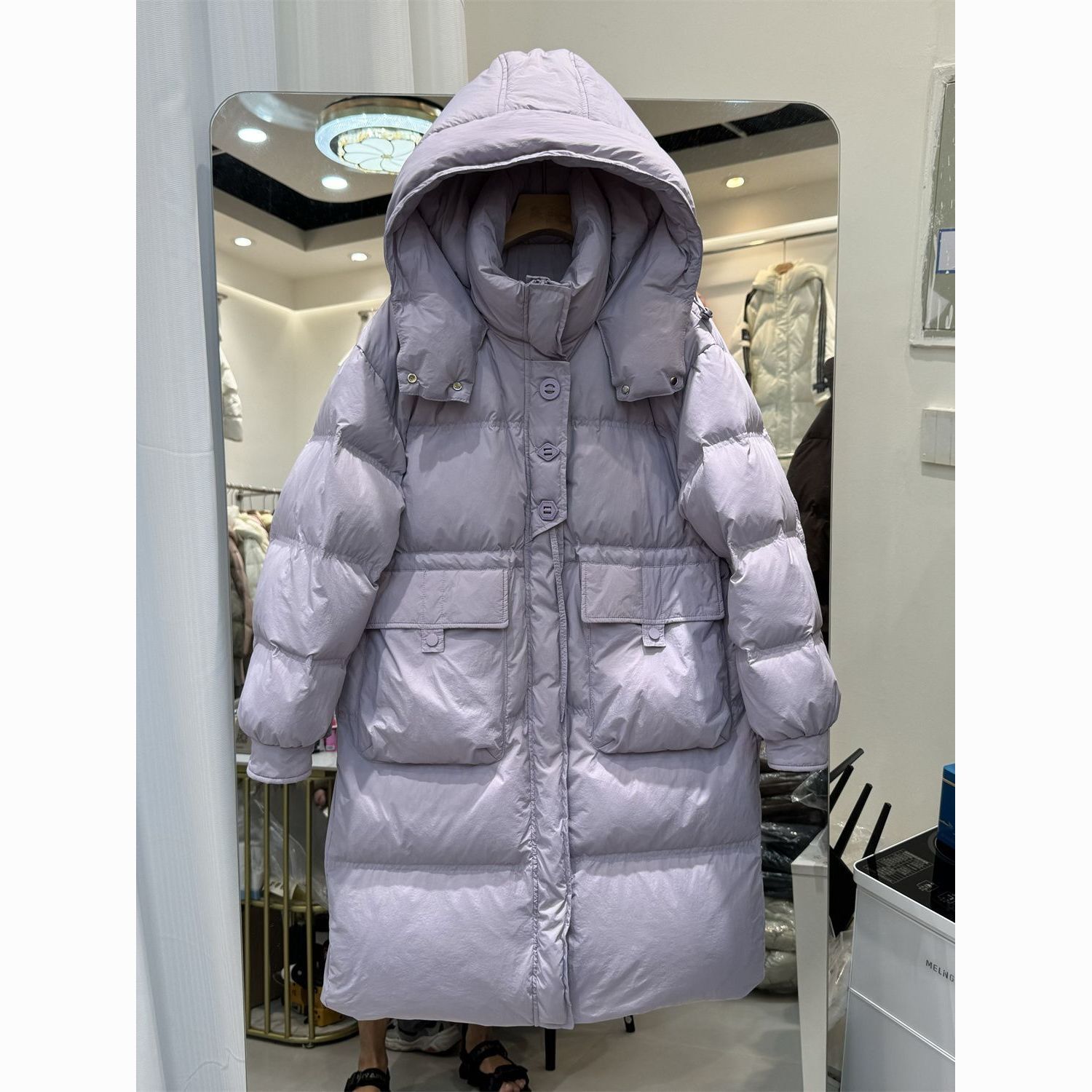 Winter down Jacket for Women, Waist-Cinching, Mid-Length, New Chinese Style, Half Placket, Hooded, Thickened White Duck down Coat