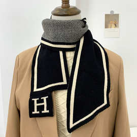 冬季新款韩版H字母长条复古围巾冬天保暖百搭针织毛线小围脖领巾