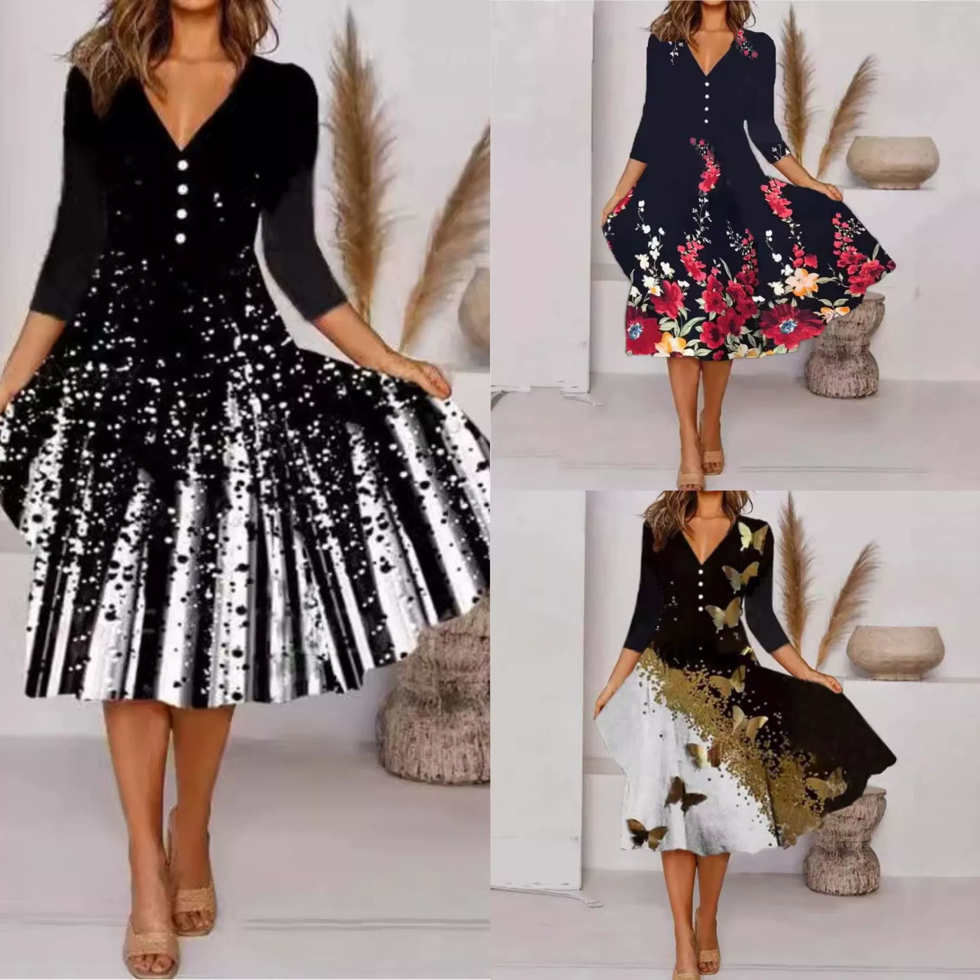 Трансграничная европейская и американская женская одежда AliExpress Amazon индивидуальность многоцветное позиционирование с принтом V-образным вырезом платье с рукавом из семи частей