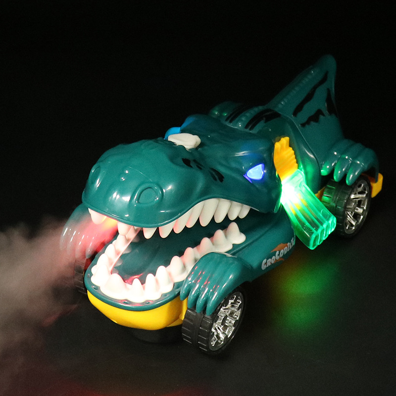 Nuevos productos eléctricos mecánicos cocodrilo carro de guerra universal música iluminación spray cocodrilo coche de juguete para niños puzzle al por mayor