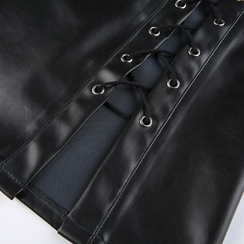 leather strapped hollow vest & skirt two-piece NSRUI51599