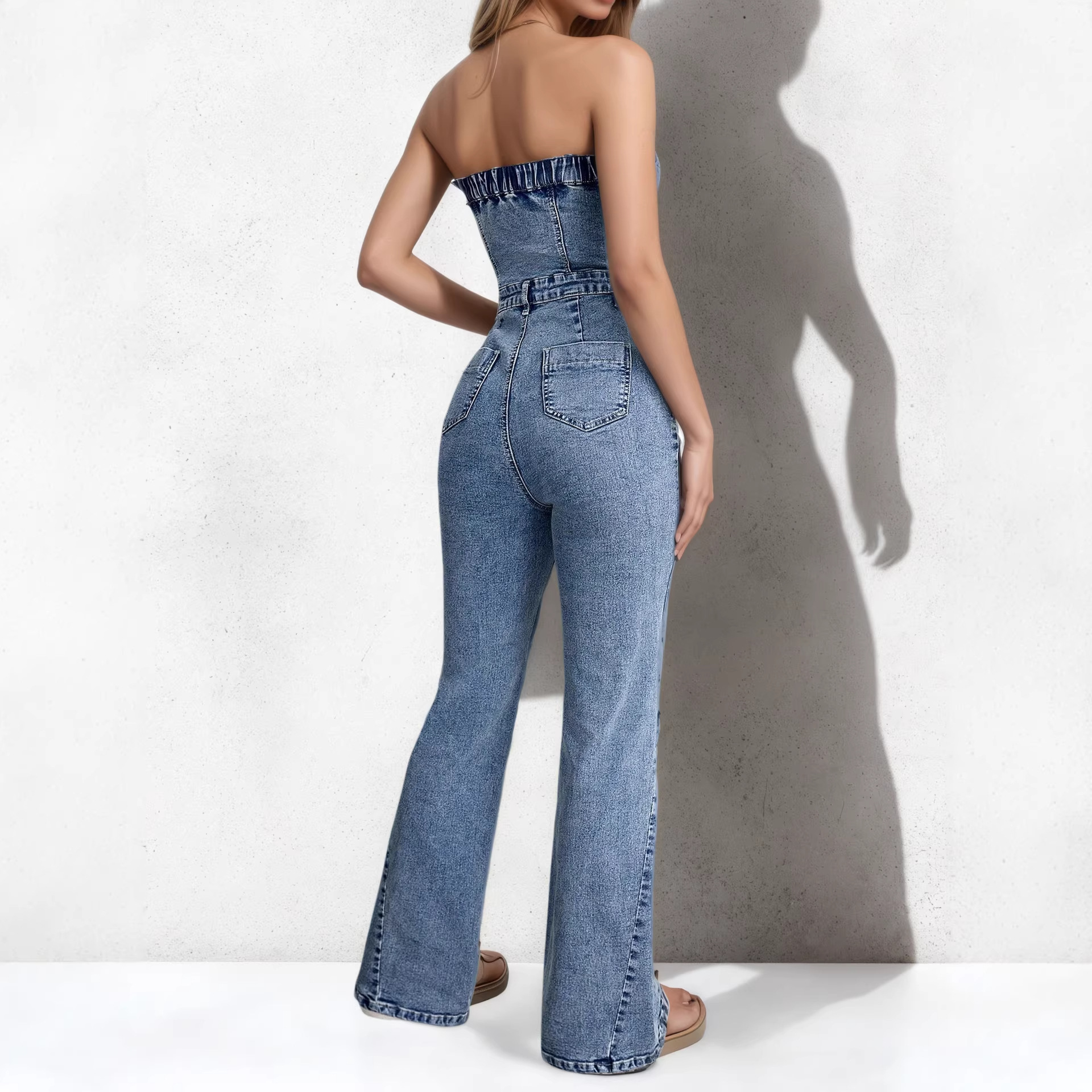 Vintage Denim Jumpsuit For Women - High-Waisted Flared Romper With Stretch, Off-Shoulder Boob Tube Design_ecoleips.com