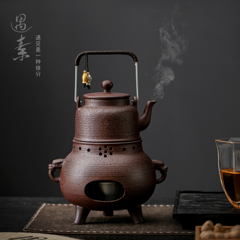 复古粗陶提梁壶煮茶炉套装家用泡茶壶煮茶壶酒精温茶暖茶炉炭火炉