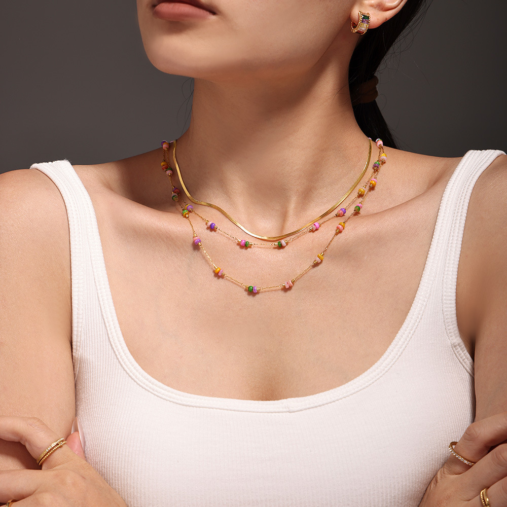 Square Sugar Jewelry, Stainless Steel Handmade Chain, Colorful Natural Stone Versatile Necklace, Double Layered And Non Fading_voghion.com