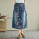 2025 Spring Printed Skirt Stitching light blue Washed Mid-length Loose Denim Skirt for Women