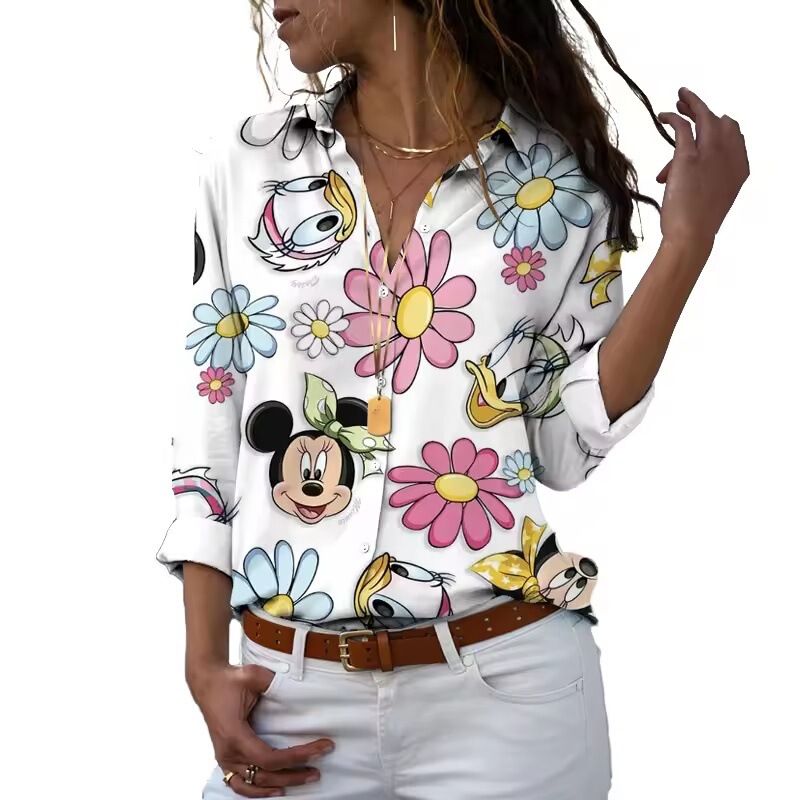 Shirt 2025 3D Printed Women's Long Sleeve Lapel Mickey Minnie Casual Cute Shirt