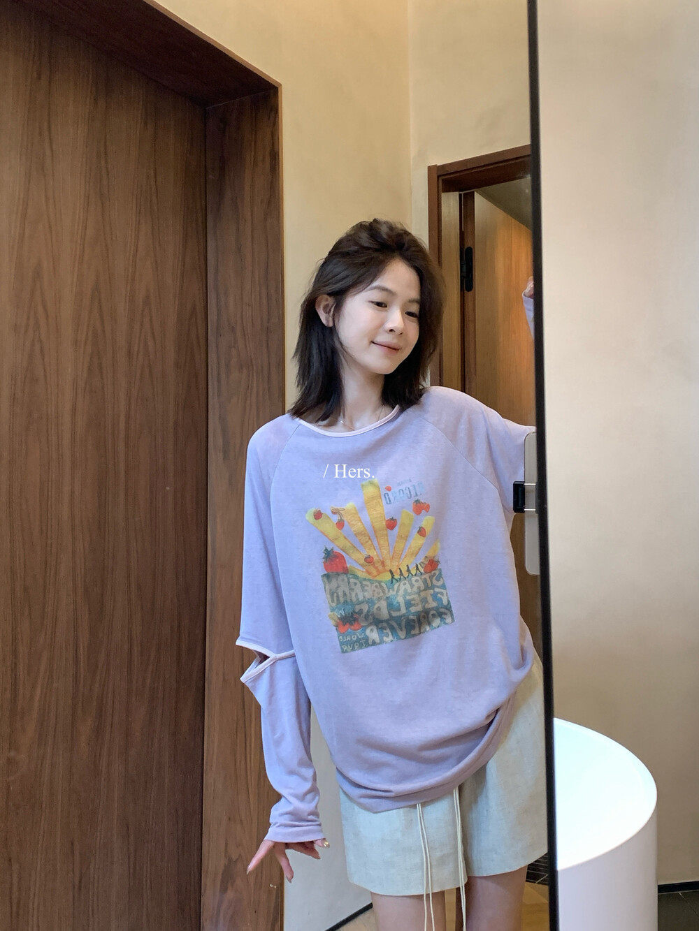 Áo thun nữ tay dài in họa tiết hoạt hình, chất liệu mỏng nhẹ, form rộng thoải mái — Xám tím, màu trắng chi tiết 33
