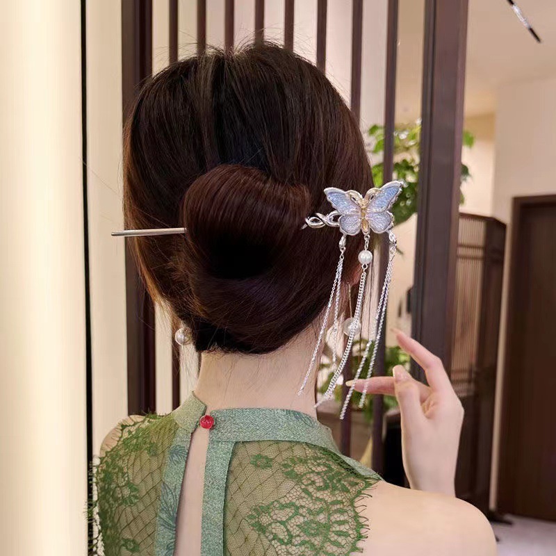 スーパーフェアリーバタフライパールタッセルヘアピン女性のニッチな気質後頭部ヘアピンモダンな中国のヘアアクセサリー|undefined