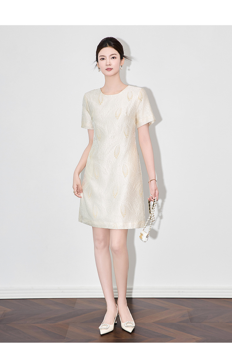 Váy ngắn tay nữ họa tiết jacquard mạ vàng phù điêu thanh lịch — Màu xanh lam chi tiết 11