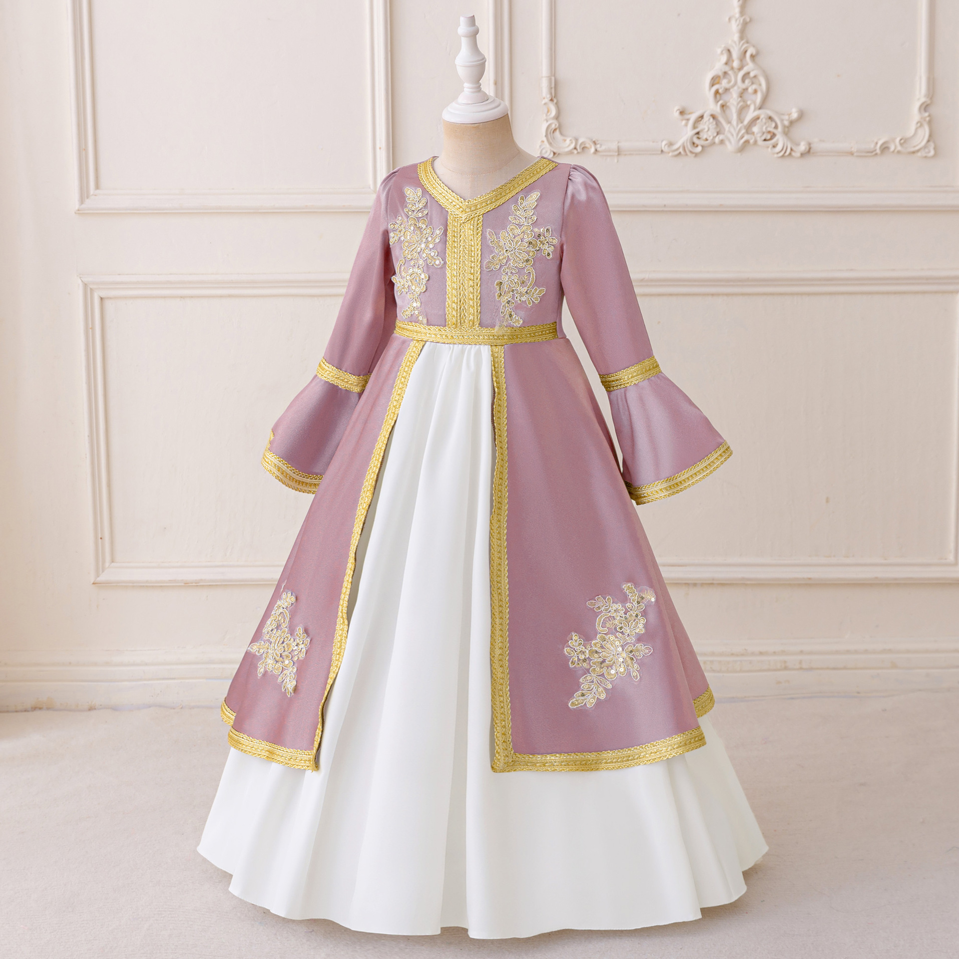 Nuevo vestido de túnica de niña de Oriente Medio y Europa, vestido de actuación, vestido de niña bordado de flores para niños, vestido de temperamento de niña