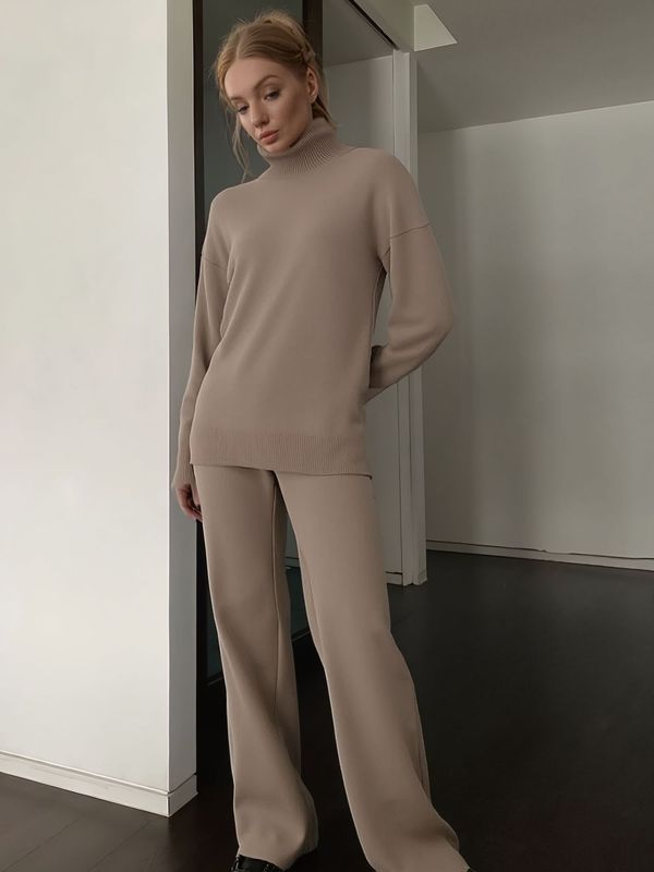 跨境高领毛衣套装女欧美2025秋冬打底针织阔腿裤+高领毛衣套装女|undefined