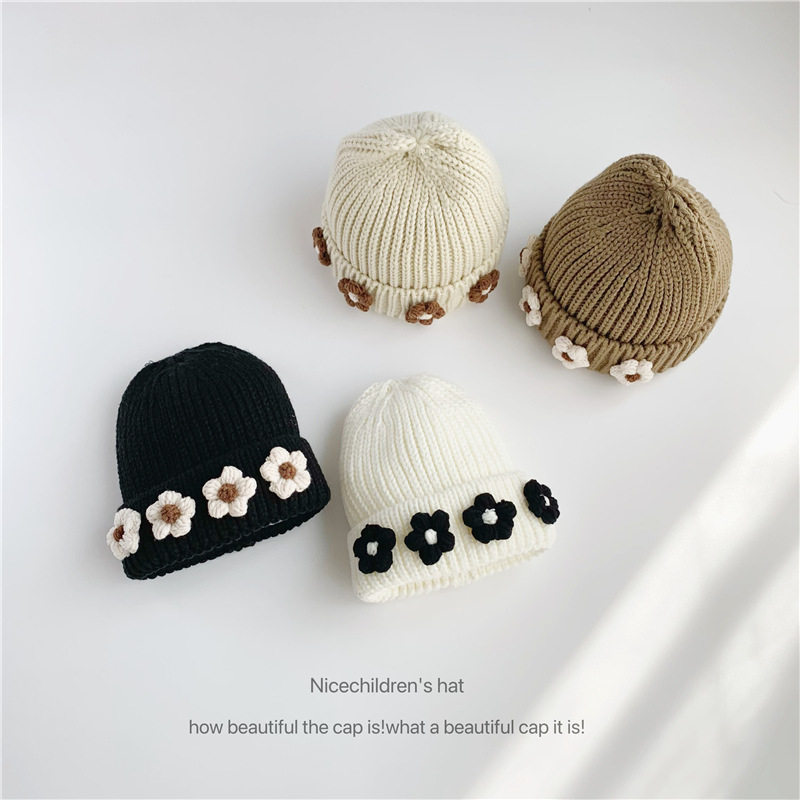Cappello unisex lavorato a maglia con fiori, stile ins, da donna, autunno, inverno, genitore-figlio, caldo cappello di lana_voghion.com