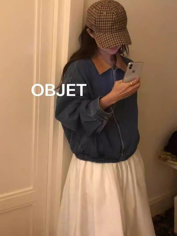 现h韩国东大门2025新款秋objet时尚休闲拉链翻领夹克牛仔外套女|undefined