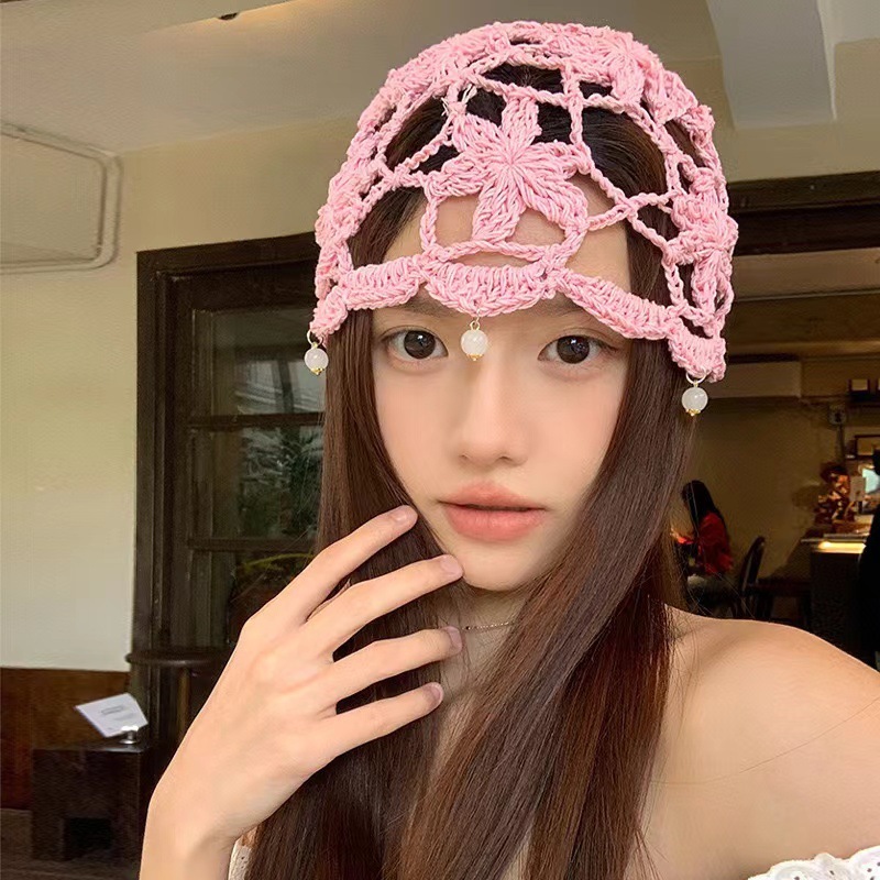 春夏薄款手工编针织帽女镂空钩花毛线帽甜美文艺显脸小包头堆堆帽|undefined