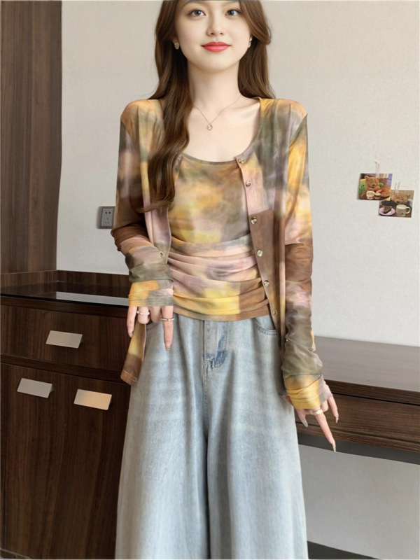 大码女装秋装新款设计感时尚修身显瘦扎染吊带开衫两件套上衣|undefined
