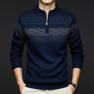 100 pure woolen sweater men's autumn and winter new middle-aged half-height zipper collar thickened warm men's father sweater