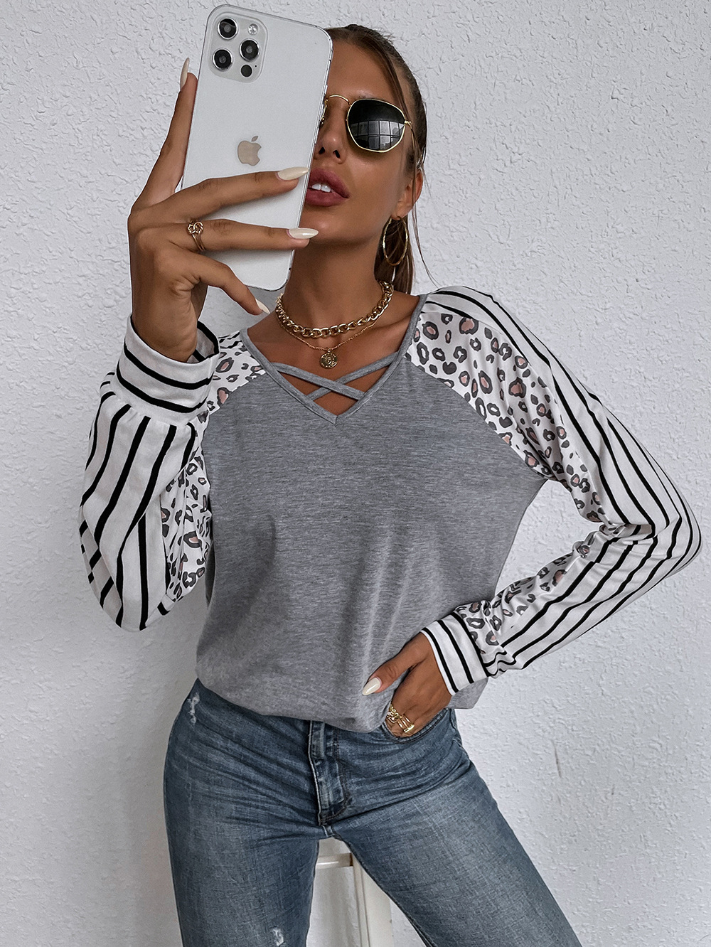 women s solid color loose long-sleeved t-shirt nihaostyles clothing wholesale NSDF73708