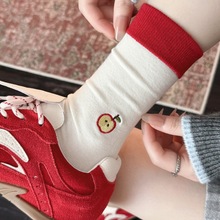 2025秋季袜子女拼色无骨中筒袜卡通刺绣可爱日系冬天拼色长筒袜