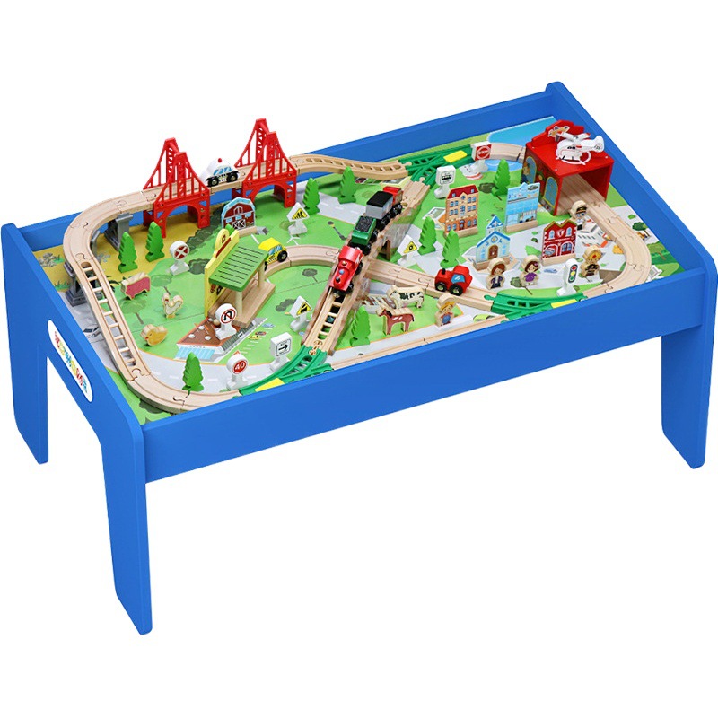 Edwone木製軌道電気列車ゲームテーブル木製組み合わせ子供列車玩具ゲームテーブル