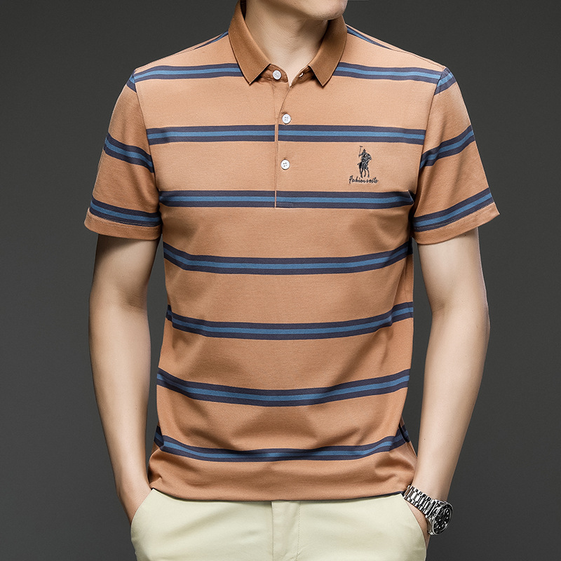 Exclusivo transfronterizo para verano nuevo estilo de algodón bordado de manga corta camiseta de hombre a rayas casual solapa de gran tamaño camisa POLO para hombre