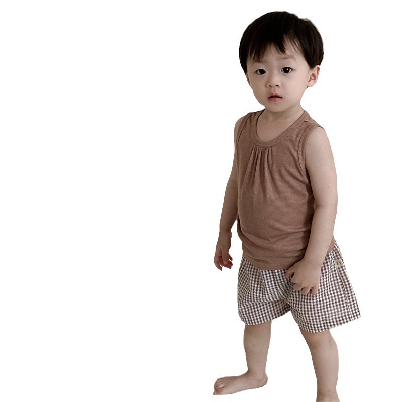 Chaleco para niños, pantalones cortos a cuadros, ropa fina de verano para bebés, 2025 nueva ropa para niños coreanos, ropa de verano para niños