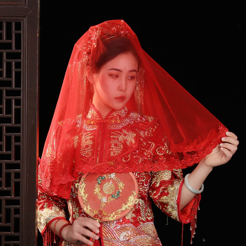 红盖头红色头纱新娘结婚纱礼服秀禾服中式复古风纱短款蕾丝旅拍照-阿里巴巴